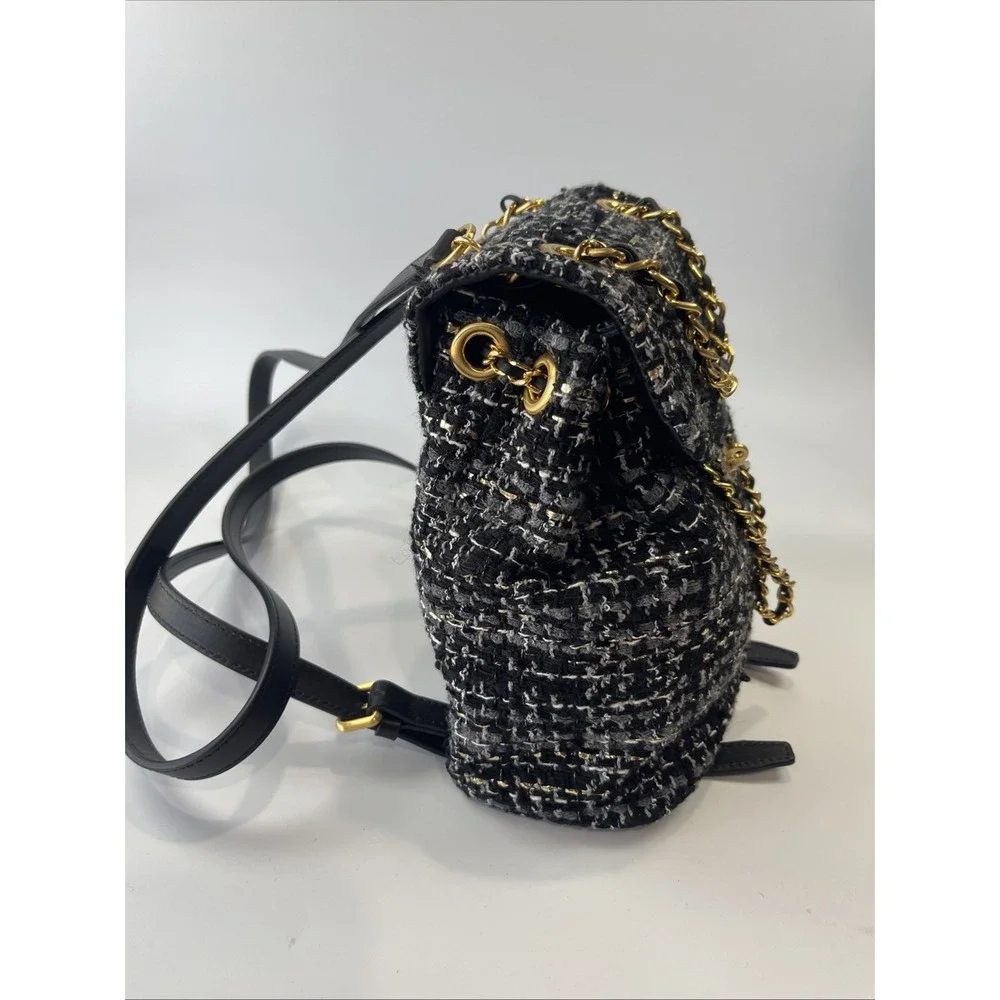 Billiontem Convertible‎ Mini Tweed Backpack/ Purse Black W/ Golden Chains